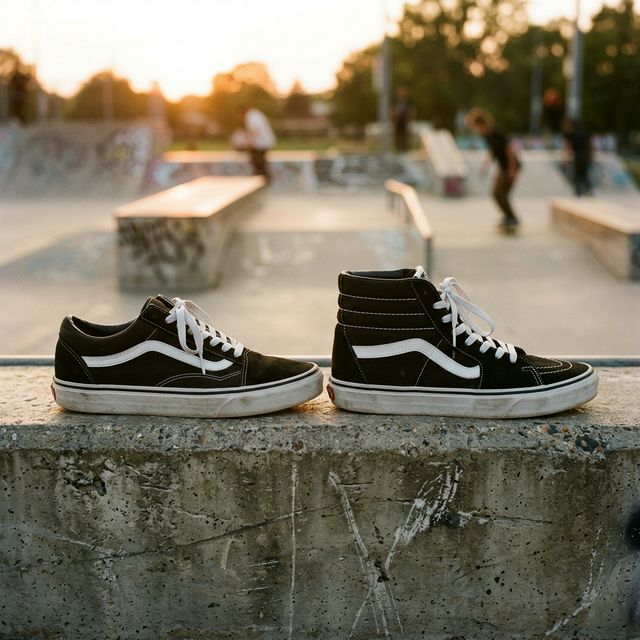 Vans Old Skool y Sk8-Hi negras lado a lado en un skatepark al atardecer