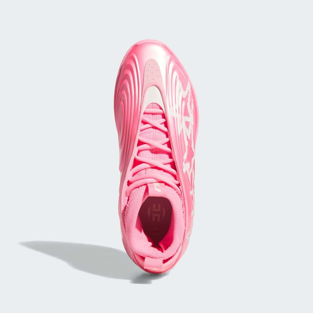 adidas Harden Vol. 10 RUEI vista de frente, rosa entera, con los cordones rosa y la lengüeta alta
