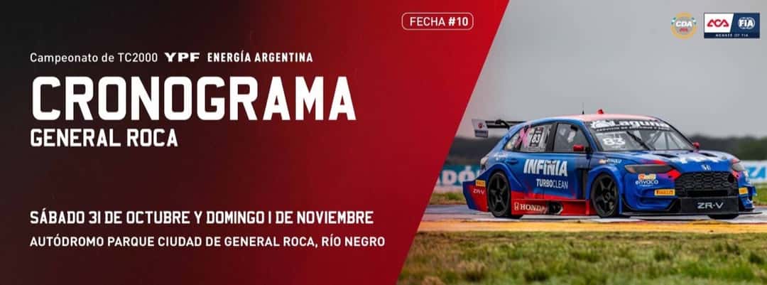 Afiche oficial del cronograma del TC2000 en General Roca, con un Honda azul y rojo en pista y las fechas sábado 31 de octubre y domingo 1 de noviembre