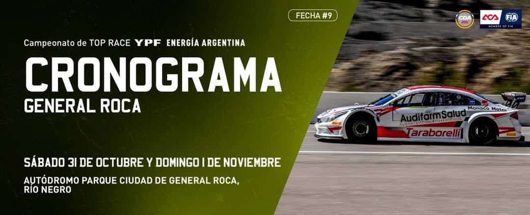 Afiche oficial del cronograma del Top Race en General Roca, con un auto blanco y rojo en pista y las fechas sábado 31 de octubre y domingo 1 de noviembre