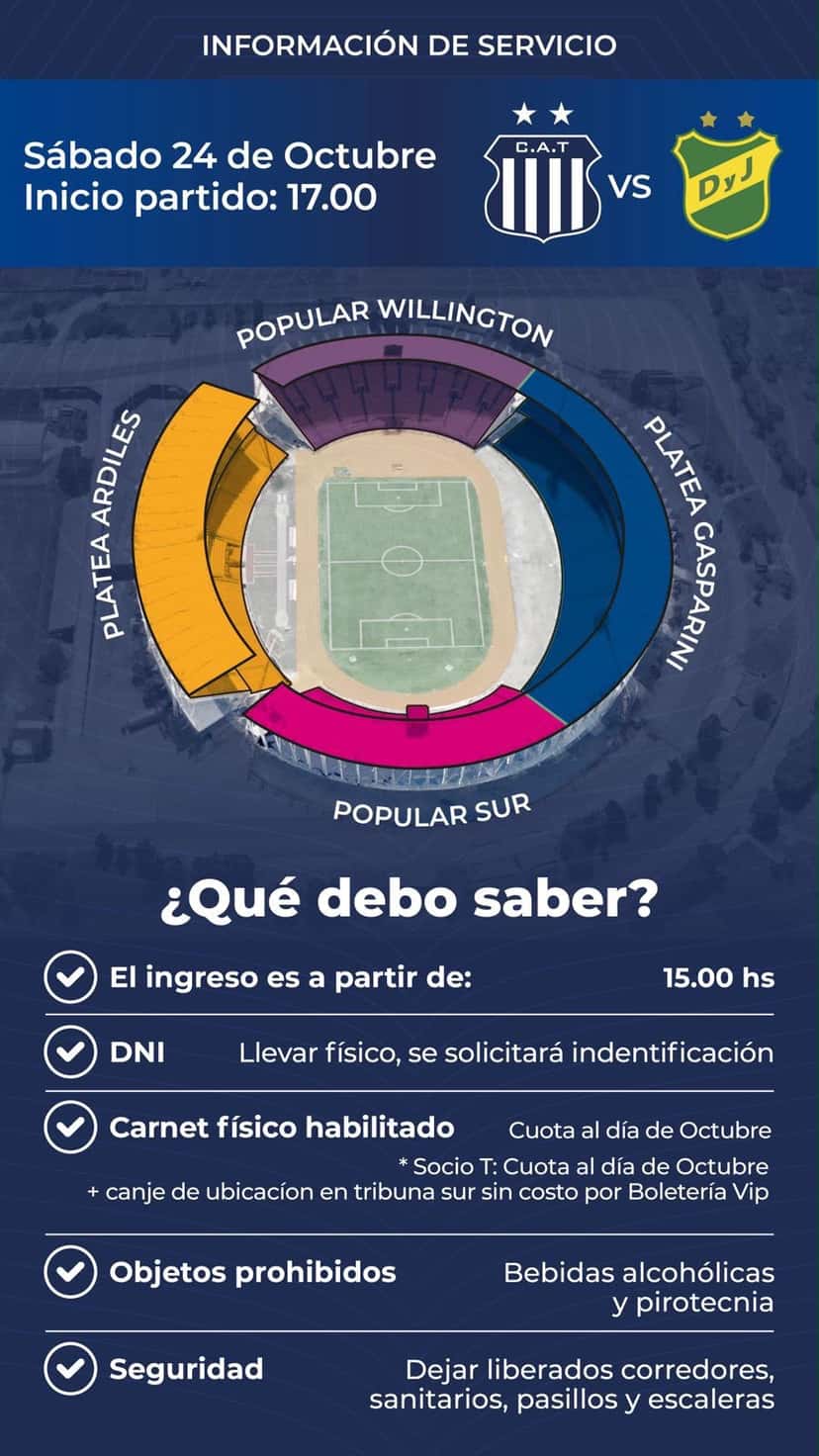 Placa oficial de Talleres con la información de servicio para el partido con Defensa y Justicia: horario, accesos al Kempes y requisitos para entrar (imagen: prensa Club Atlético Talleres)