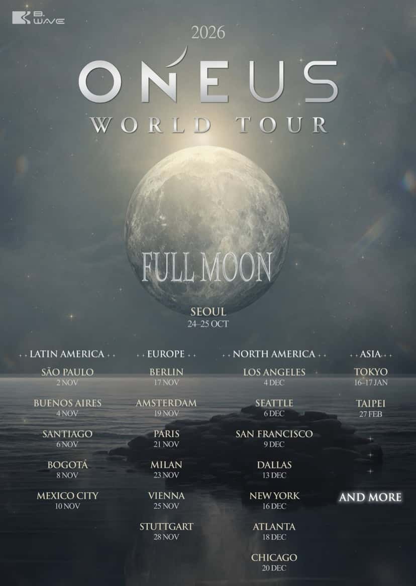 Afiche oficial de la gira mundial 2026 de ONEUS, «FULL MOON»: una luna llena sobre el mar y la lista de fechas, con Latinoamérica en noviembre (San Pablo, Buenos Aires, Santiago, Bogotá y Ciudad de México), Europa, Norteamérica y Asia