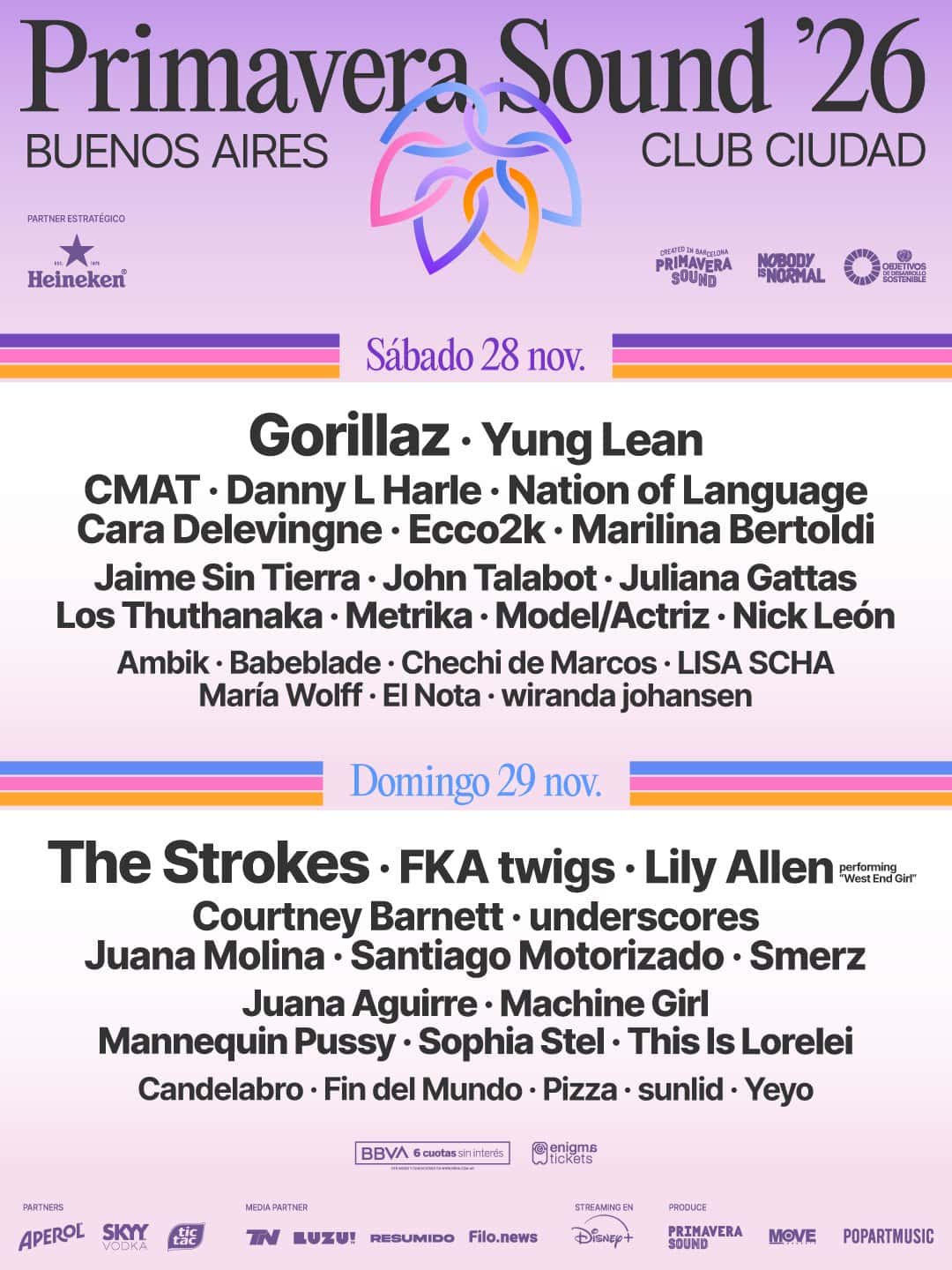 Afiche oficial de Primavera Sound Buenos Aires 2026 en el Club Ciudad: grilla del sábado 28 de noviembre, con Gorillaz y Yung Lean arriba, y del domingo 29, con The Strokes, FKA twigs y Lily Allen, sobre fondo lila con el logo del festival