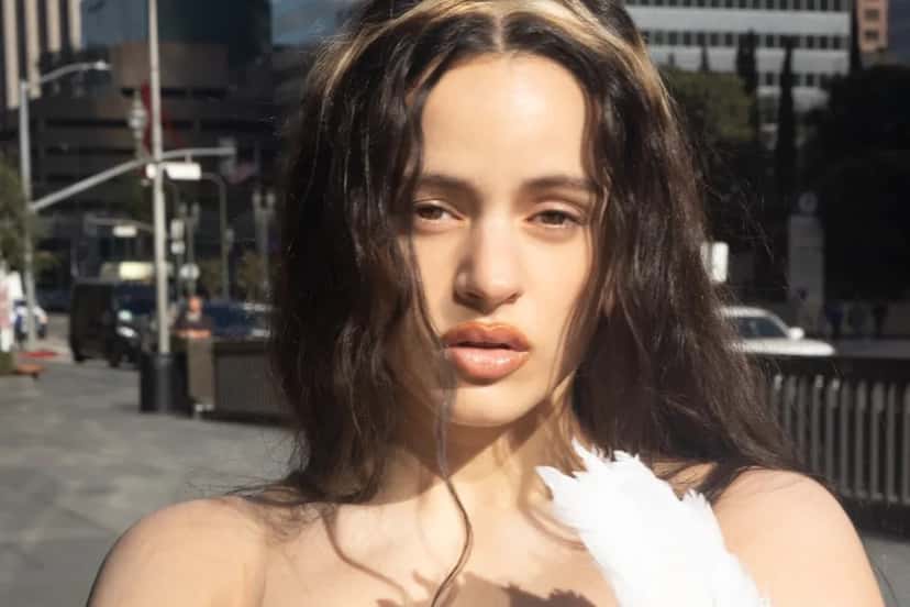Retrato de Rosalía de frente, con el pelo largo castaño con reflejos rubios y labios color durazno, al sol en una calle de una ciudad con edificios y autos de fondo