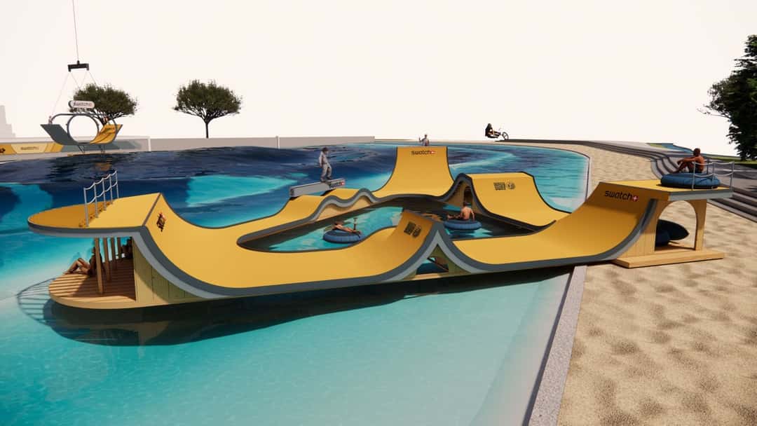 Render oficial del skatepark de Swatch Nines 2026 armado sobre el agua en Waco Surf, con rampas amarillas, quarters y un rail, y gente en gomones en el centro