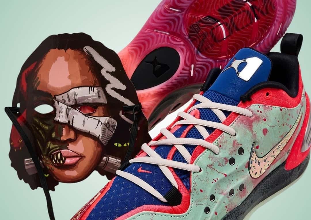 Nike A'Two Potion No. 22 junto a una máscara ilustrada con la cara de A'ja Wilson