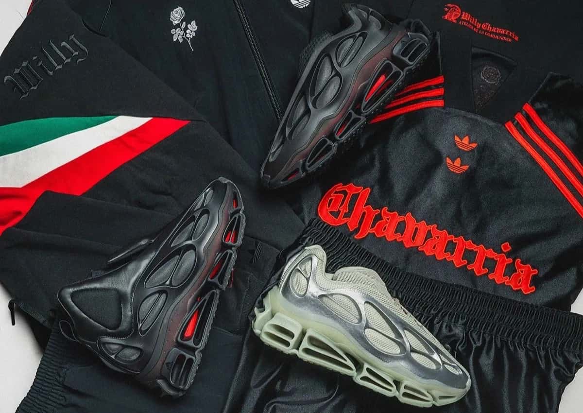 Las tres versiones del Megaride de Willy Chavarria x adidas Originals Fall 2026 sobre prendas de la colección