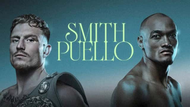 Afiche oficial de la pelea entre Dalton Smith y Alberto Puello, con los dos boxeadores a los costados y sus apellidos en el centro