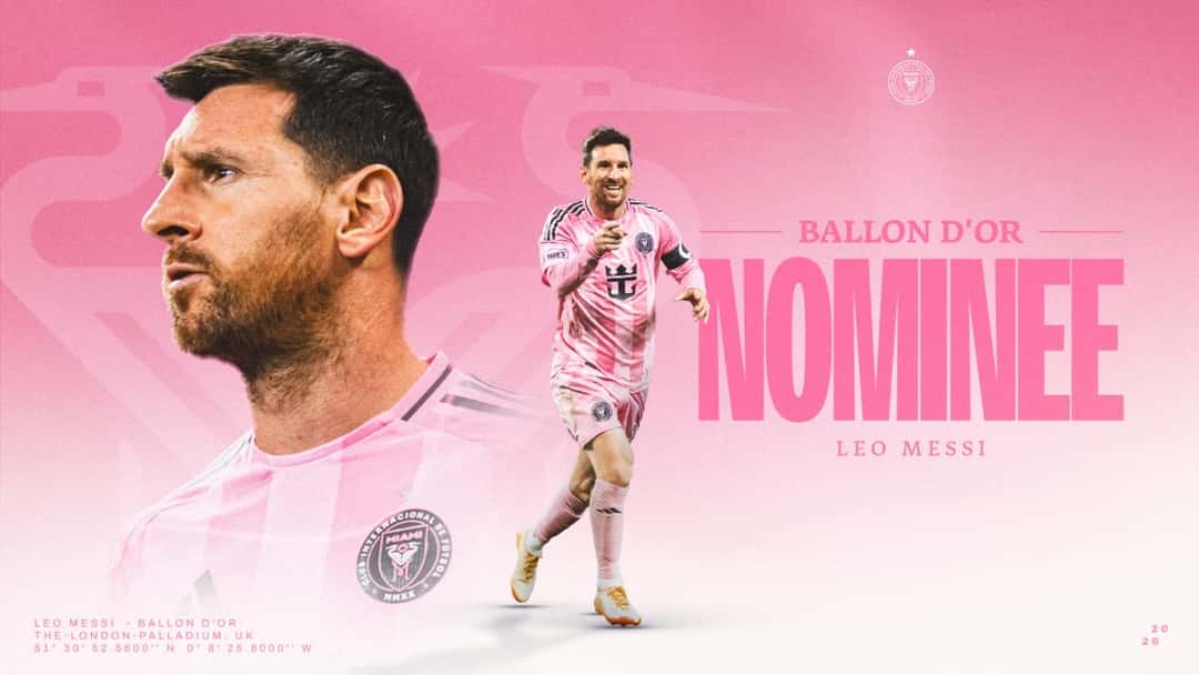 Afiche oficial de Inter Miami con Lionel Messi como nominado al Balón de Oro 2026