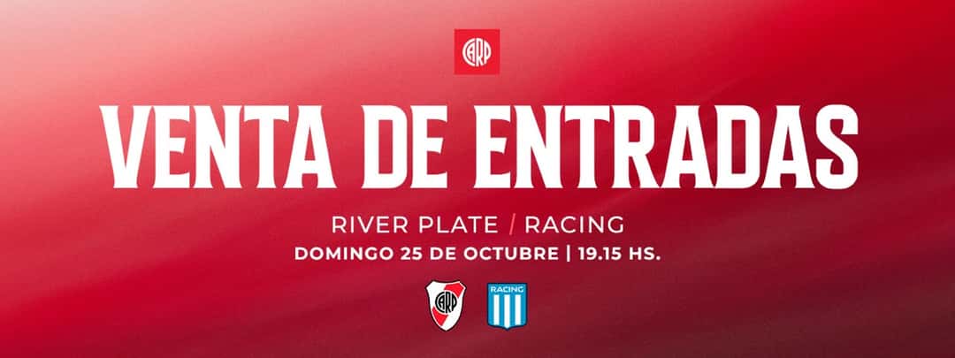 Placa oficial de River para la venta de entradas del partido ante Racing, sobre fondo rojo, con los escudos de los dos clubes y la fecha: domingo 25 de octubre a las 19.15 (imagen: prensa River Plate)