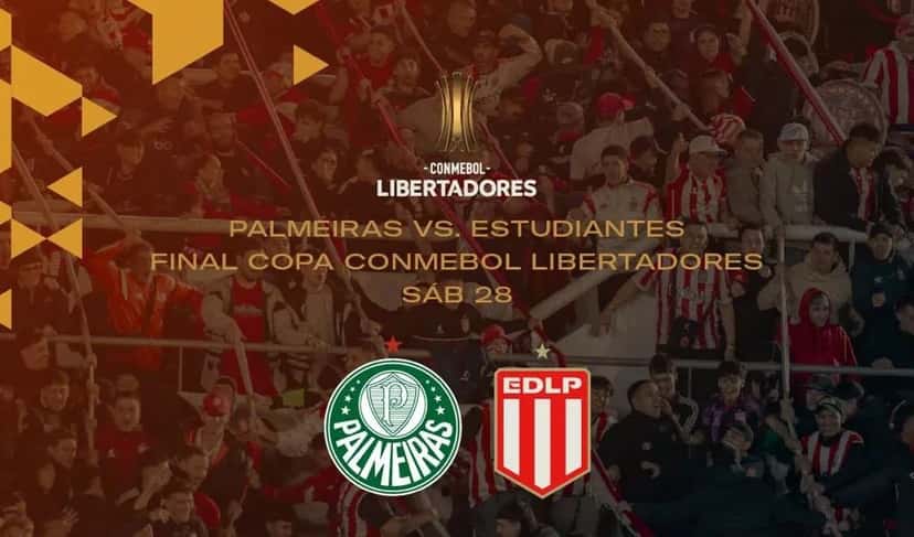 Placa oficial de la final de la CONMEBOL Libertadores, con los escudos de Palmeiras y Estudiantes sobre una foto de la hinchada del Pincha con banderas rojas y blancas, y la leyenda «Sáb 28» (imagen: prensa Estudiantes de La Plata)