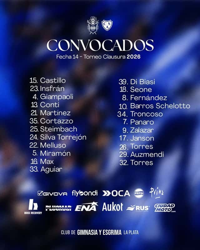 Placa oficial de Gimnasia con la lista de convocados para la fecha 14 del Torneo Clausura 2026 ante Sarmiento, sobre fondo azul (imagen: prensa Gimnasia y Esgrima La Plata)