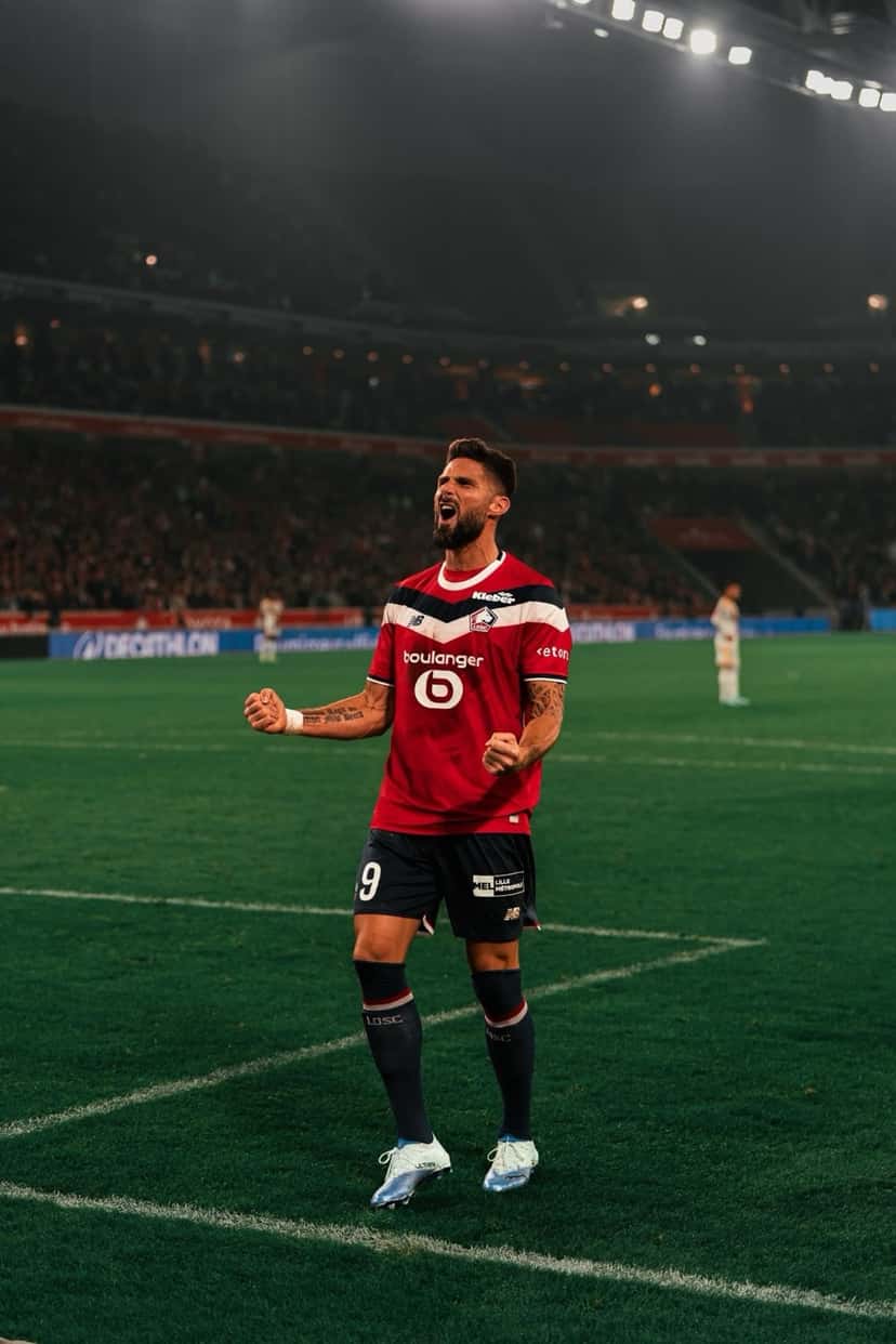 Olivier Giroud, con la camiseta roja del Lille y el número 9, aprieta los puños y grita para festejar en el Pierre-Mauroy, el viernes 30 de octubre (foto: LOSC)