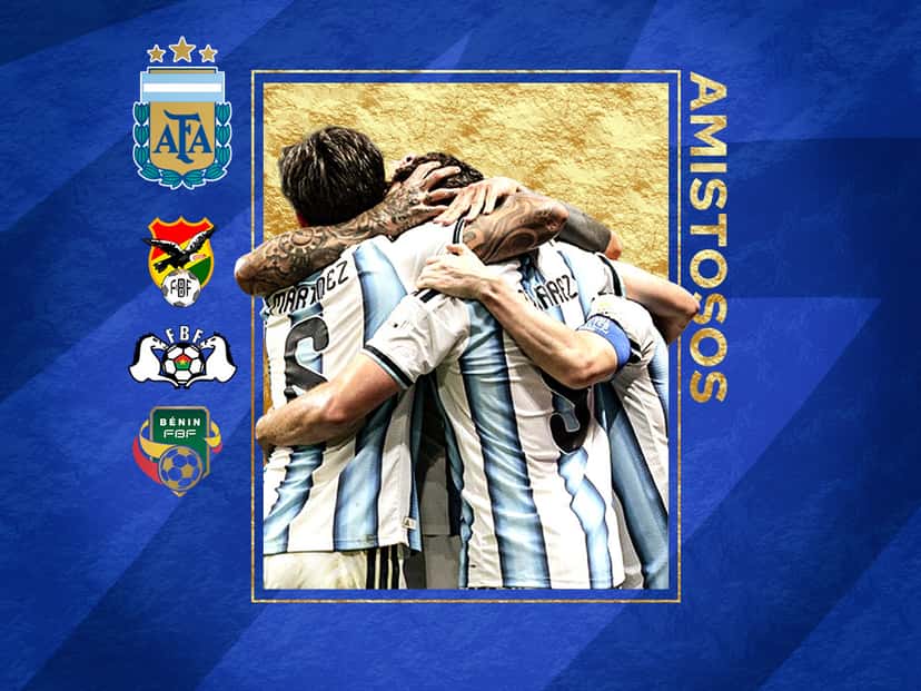 Gráfica oficial de la AFA de los amistosos de la Selección Argentina con los escudos de Bolivia, Burkina Faso y Benín