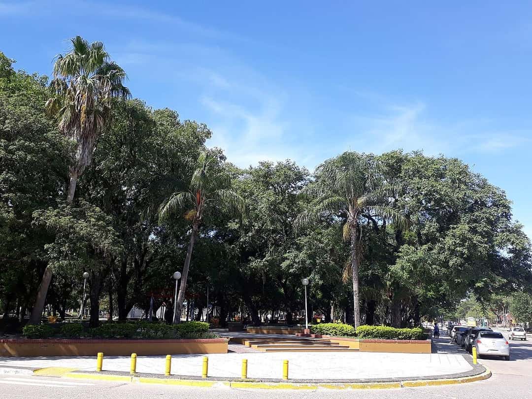 La plaza San Martín de la ciudad de Formosa, con palmeras y árboles frondosos bajo un cielo azul; foto de archivo de 2019 (foto: Iro Bosero, Wikimedia Commons, licencia CC BY-SA 4.0)