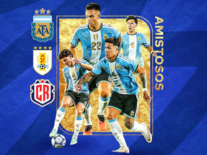 Placa oficial de la AFA para los amistosos de noviembre, con jugadores de la Selección argentina con la camiseta celeste y blanca sobre un fondo dorado y azul, y los escudos de la AFA, Uruguay y Costa Rica (imagen: prensa AFA)