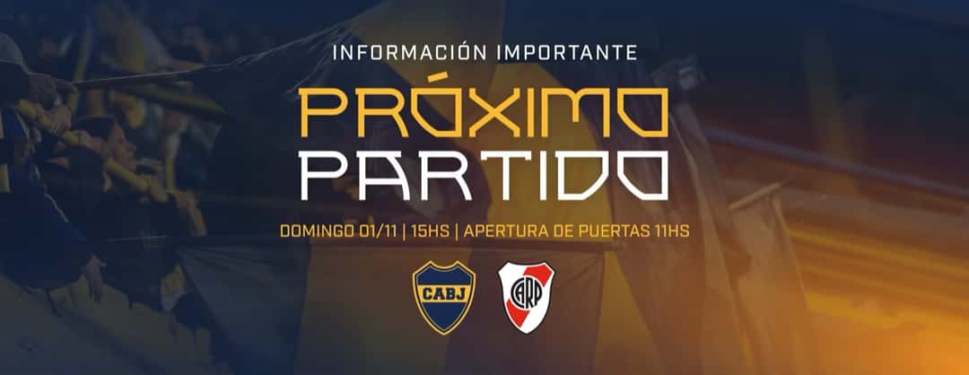 Placa oficial de Boca que anuncia el próximo partido con River, el domingo 1 de noviembre a las 15, con los escudos de los dos clubes (imagen: prensa oficial de Boca)