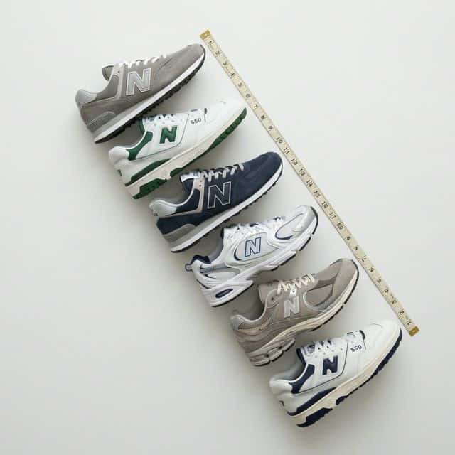 Zapatillas New Balance de distintos modelos ordenadas diagonalmente con cinta métrica
