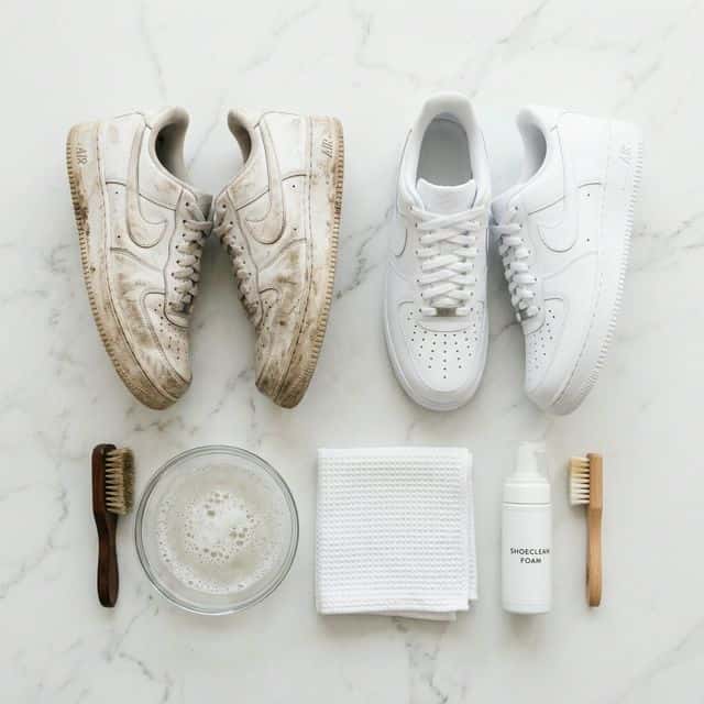 Proceso de limpieza de zapatillas blancas con cepillo, jabón y paño de microfibra