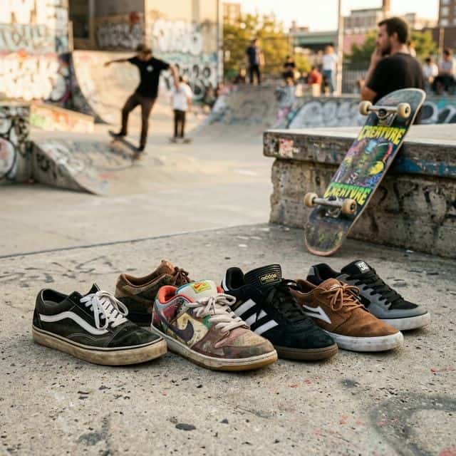 Colección de zapatillas de skate sobre una superficie de concreto en un skatepark