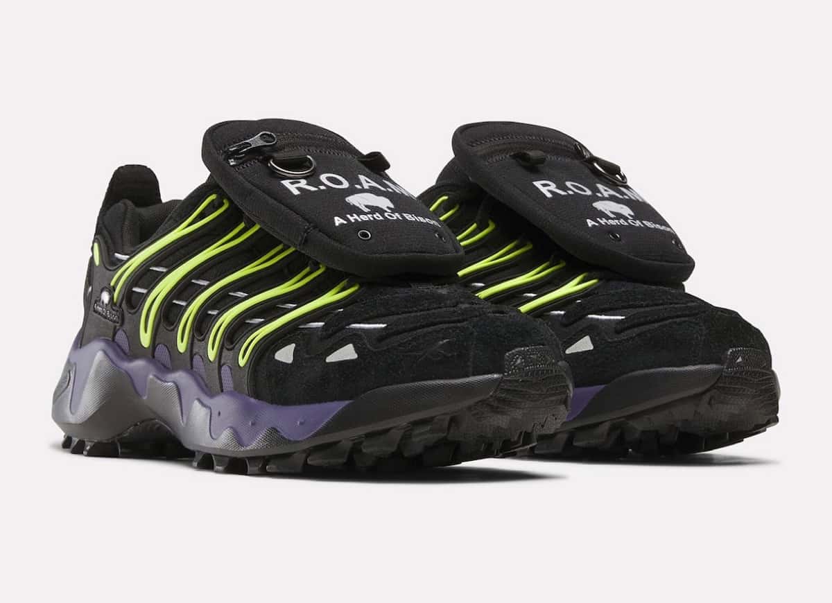 Par de Reebok DMX Trailzillo de A Herd of Bison sobre fondo gris claro, negras con líneas verde lima, entresuela violeta y un bolsillo con la inscripción R.O.A.M sobre los cordones