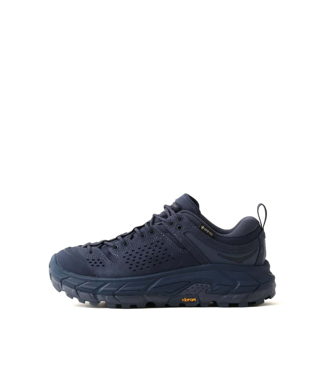HOKA Tor Ultra Lo Varsity Navy de atmos vista del lado interno, con el logo de GORE-TEX y la suela Vibram
