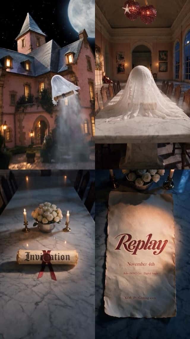 Imagen oficial del anuncio de «Replay»: una mesa de mármol con una invitación sellada y un papel con el título y la fecha «November 4th», junto a una mansión de noche y una figura cubierta con un velo