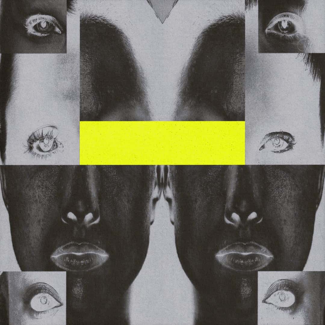 Arte oficial de los singles «Gas», «Ultra» y «Equarium» de Bicep: un collage en blanco y negro de rostros y ojos en espejo, con un rectángulo amarillo en el centro