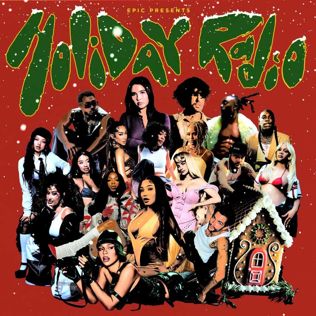 Portada de «Epic Presents: Holiday Radio»: un collage de los artistas del disco sobre fondo rojo con nieve, una casita de jengibre y el título en letras verdes