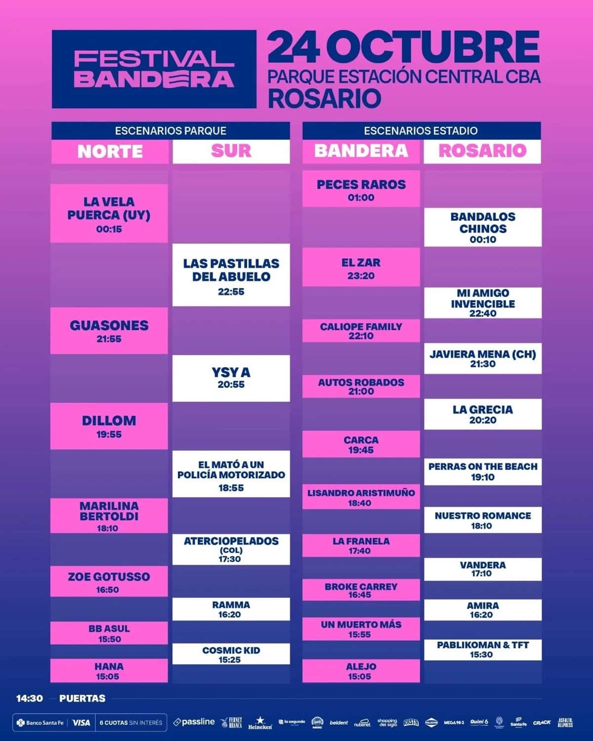 Grilla oficial del Festival Bandera 2026, en rosa y azul, con los horarios de los cuatro escenarios (Norte, Sur, Bandera y Rosario) del sábado 24 de octubre en el Parque Estación Central Córdoba