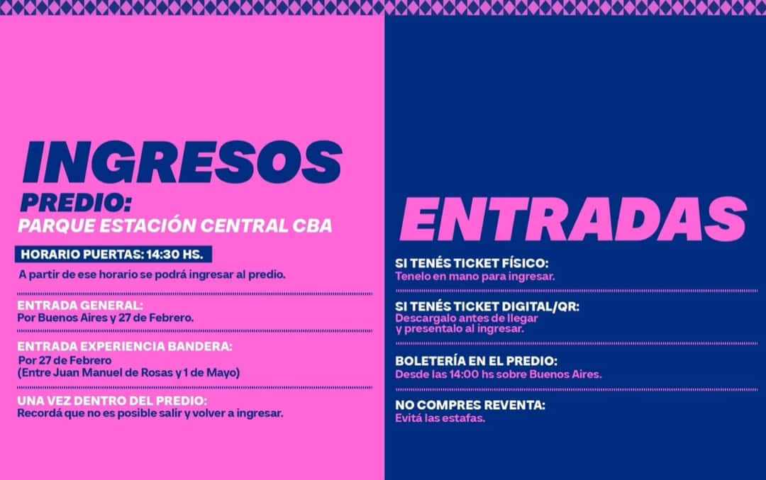 Placa oficial de ingresos y entradas del Festival Bandera 2026, en rosa y azul, con el horario de apertura de puertas y los accesos al predio