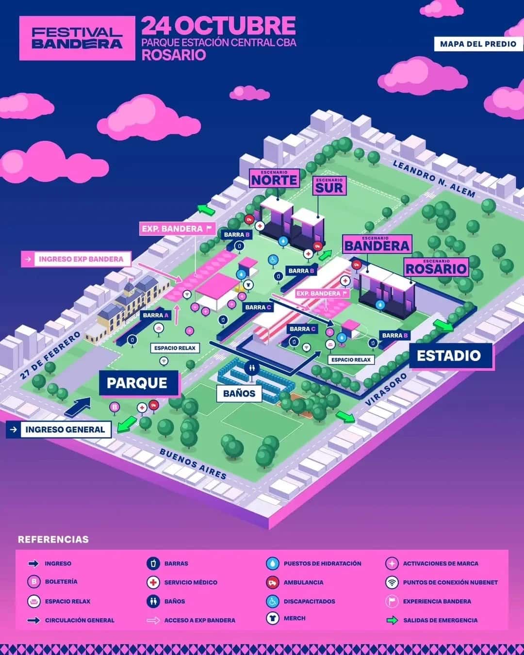 Mapa oficial del predio del Festival Bandera 2026: el Parque Estación Central Córdoba en verde, con los escenarios Norte, Sur, Bandera y Rosario, las barras, los baños y el ingreso general sobre Buenos Aires