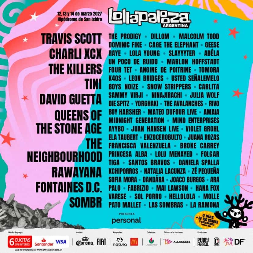 Afiche oficial completo de Lollapalooza Argentina 2027: a la izquierda, en letras grandes, los diez artistas principales encabezados por Travis Scott, Charli xcx, The Killers y TINI; a la derecha, la grilla con el resto de los nombres, de The Prodigy y Dillom a Las Sombras y La Ramona