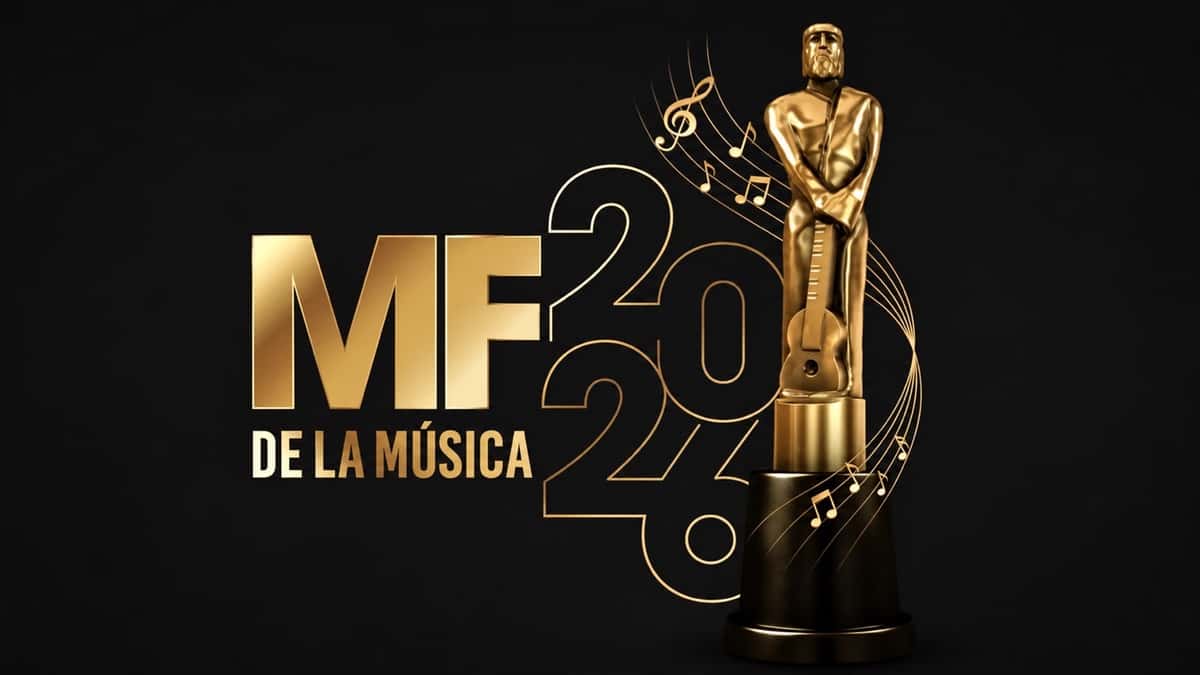 Logo oficial de los Martín Fierro de la Música 2026: las letras MF doradas con la leyenda "De la música", un 2026 en trazo dorado y la estatuilla con una guitarra, sobre fondo negro