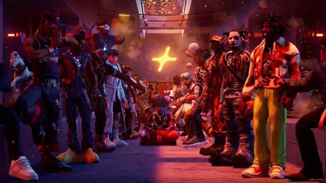 Imagen oficial del plantel de OnlyHands: más de una docena de personajes alineados a ambos lados de un pasillo con luces rojas, frente a una estrella amarilla de neón