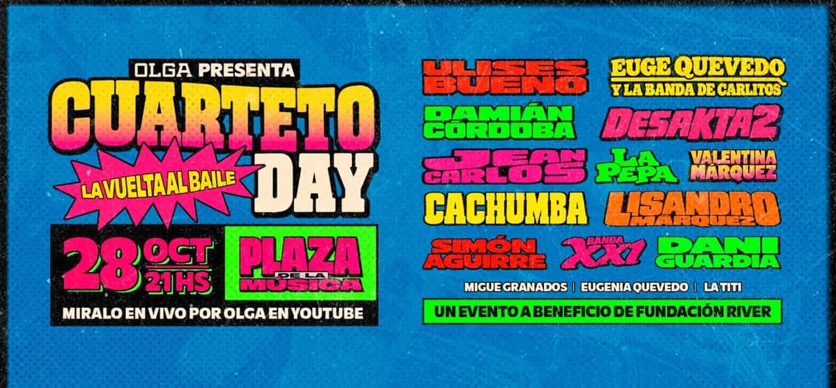 Afiche oficial del Cuarteto Day de Olga, «La vuelta al baile»: la grilla de artistas en letras de colores sobre fondo azul, con la fecha del 28 de octubre en la Plaza de la Música