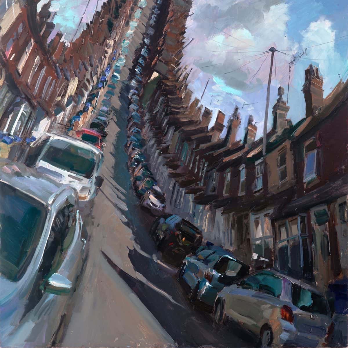 Portada de «Chimera», de Panchiko: una pintura de una calle de casas de ladrillo y autos estacionados que se curva hacia arriba hasta formar un rulo en el cielo