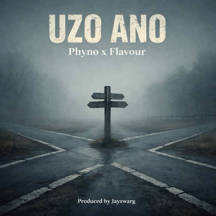 Portada del single «Uzo Ano», de Phyno y Flavour: un cartel de madera con flechas en un cruce de caminos de asfalto, entre niebla