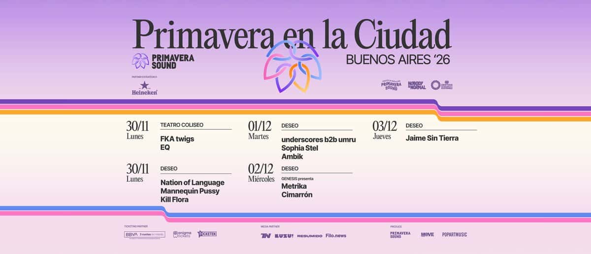 Afiche oficial de Primavera en la Ciudad Buenos Aires '26: sobre un fondo lila con franjas violetas, rosas y naranjas, la grilla de shows del 30 de noviembre al 3 de diciembre en el Teatro Coliseo y en Deseo, con el logo de Primavera Sound en el centro