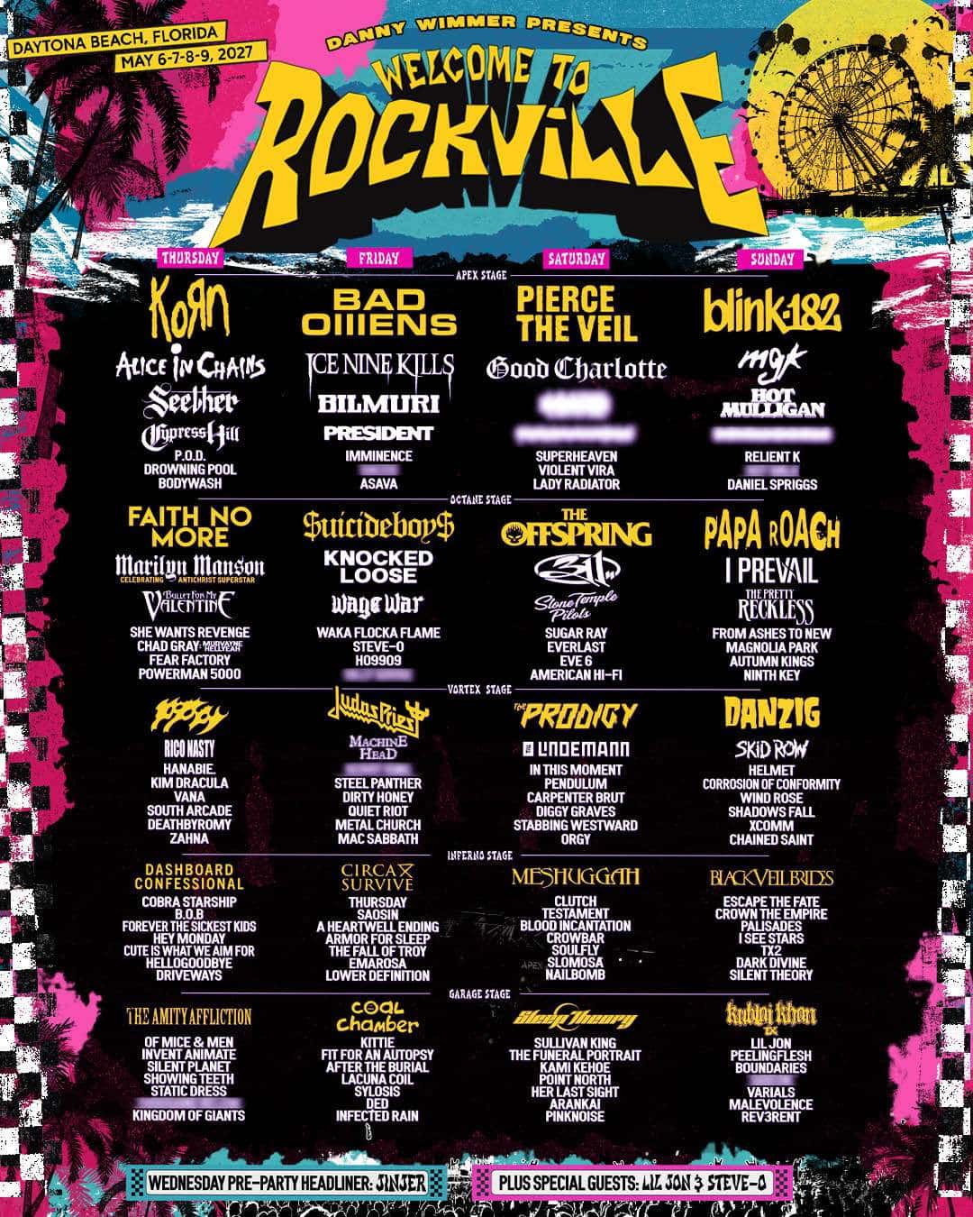 Afiche oficial de Welcome to Rockville 2027 en Daytona Beach, del 6 al 9 de mayo: el logo del festival con una rueda de la fortuna y palmeras, y la grilla por día encabezada por Korn el jueves, Bad Omens el viernes, Pierce the Veil el sábado y blink-182 el domingo, sobre fondo negro con bordes rosas y celestes