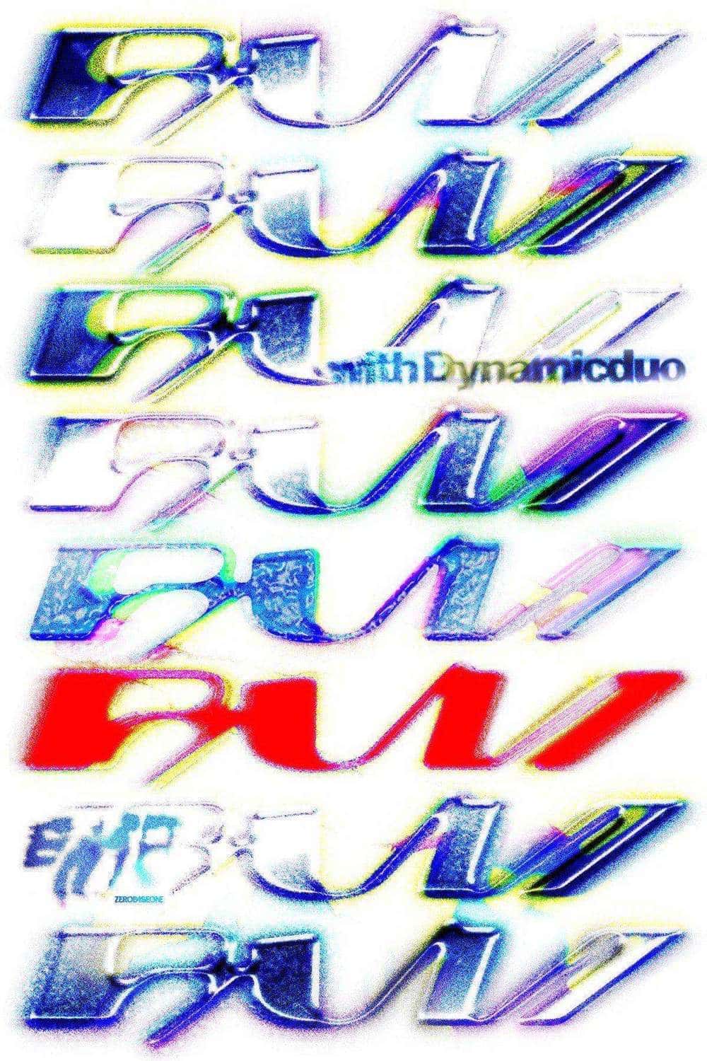 Afiche oficial de «RUN», de EMP con Dynamicduo: la palabra RUN repetida en columna con letras cromadas y tornasoladas sobre fondo blanco, una de ellas en rojo