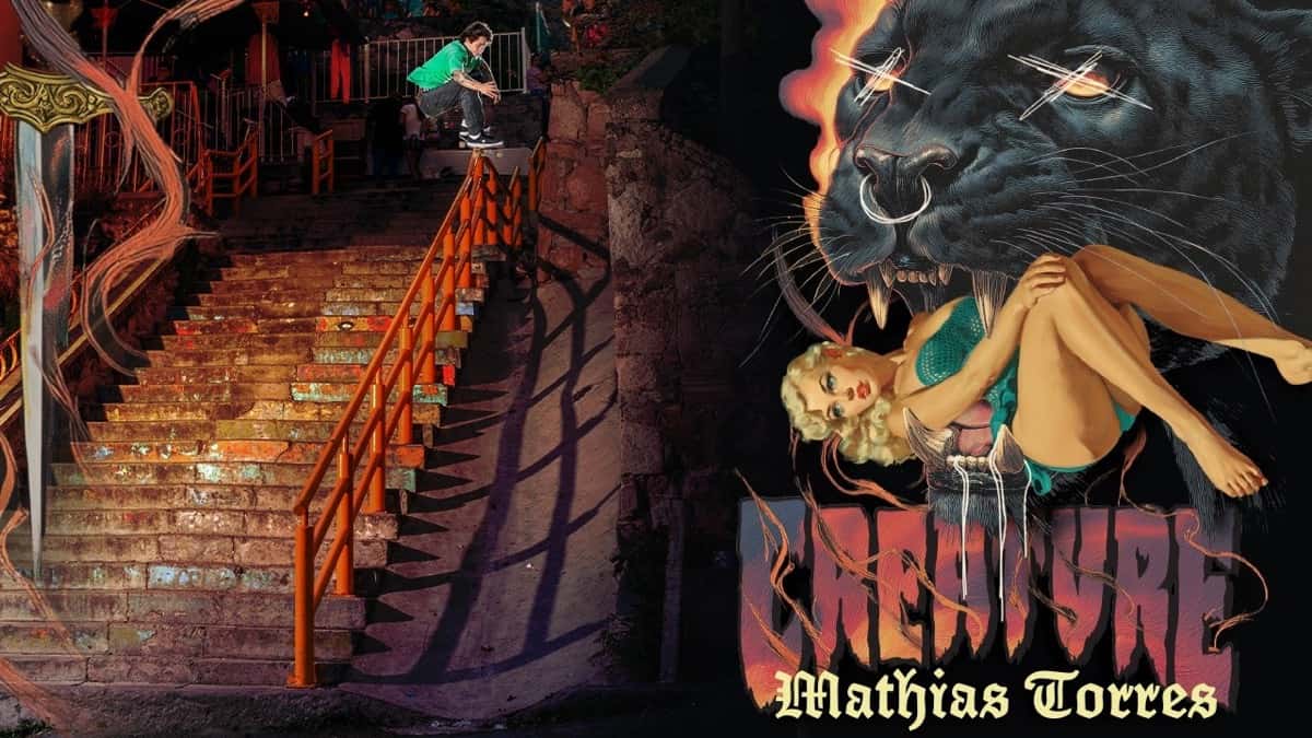 Afiche oficial de «Eyes of the Jaguar»: Mathias Torres salta sobre una escalera de escalones de colores y, a la derecha, un jaguar negro con los ojos tachados y el logo de Creature