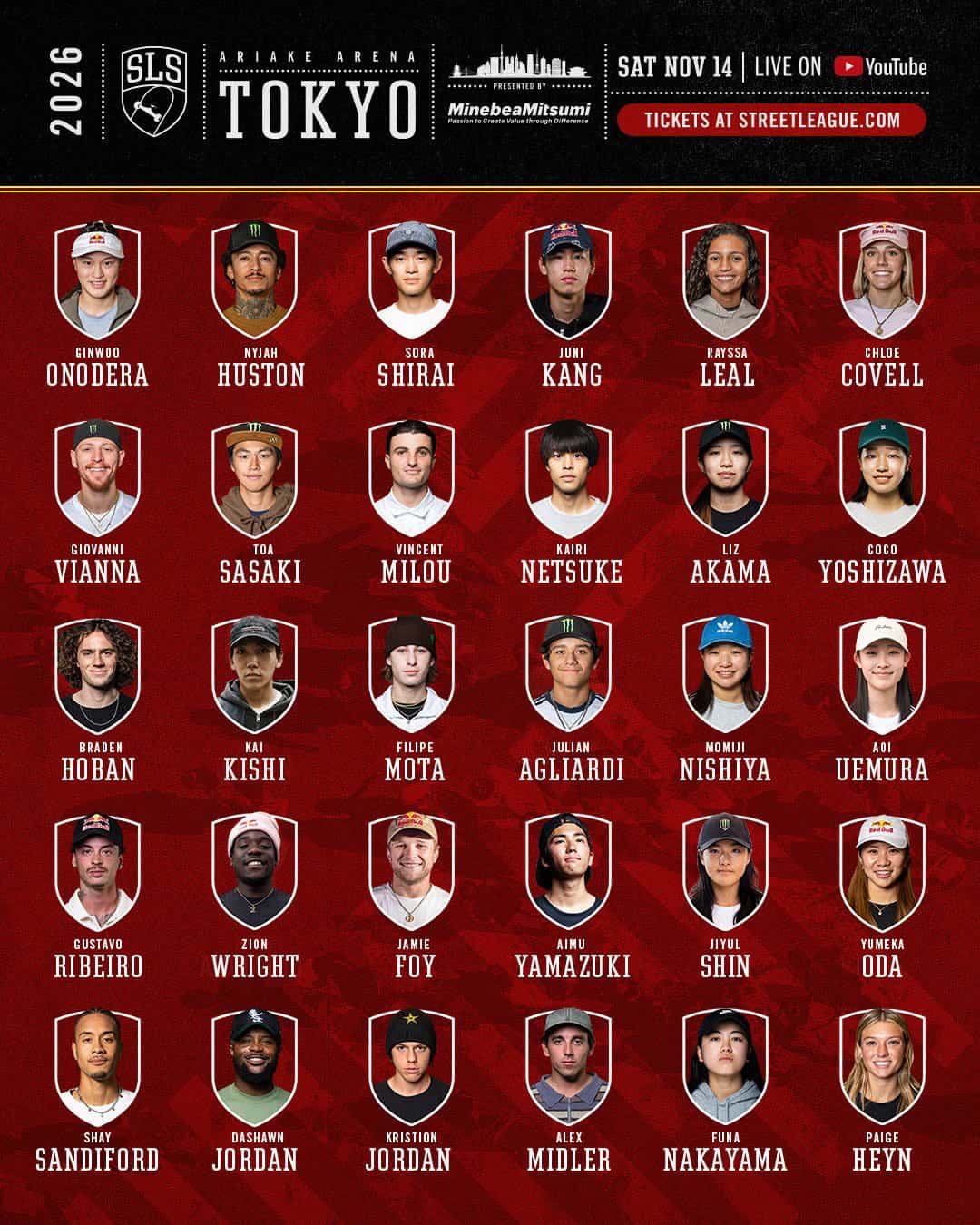 Placa oficial de la Street League con las caras y los nombres de los 30 skaters confirmados para Tokio 2026, sobre fondo rojo, con la fecha del sábado 14 de noviembre y el nombre del Ariake Arena