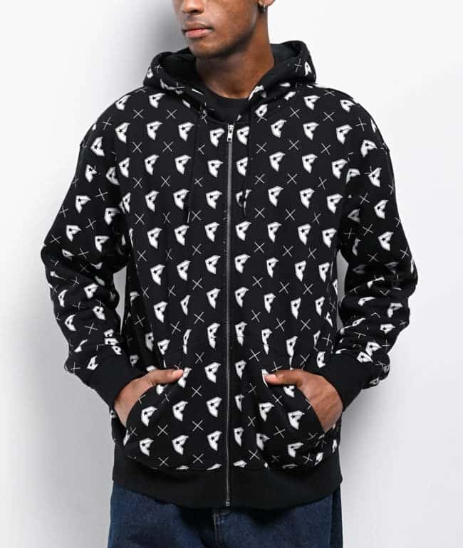 Sudadera con capucha y cierre Famous Stars & Straps negra con logos BOH y equis blancas en toda la prenda