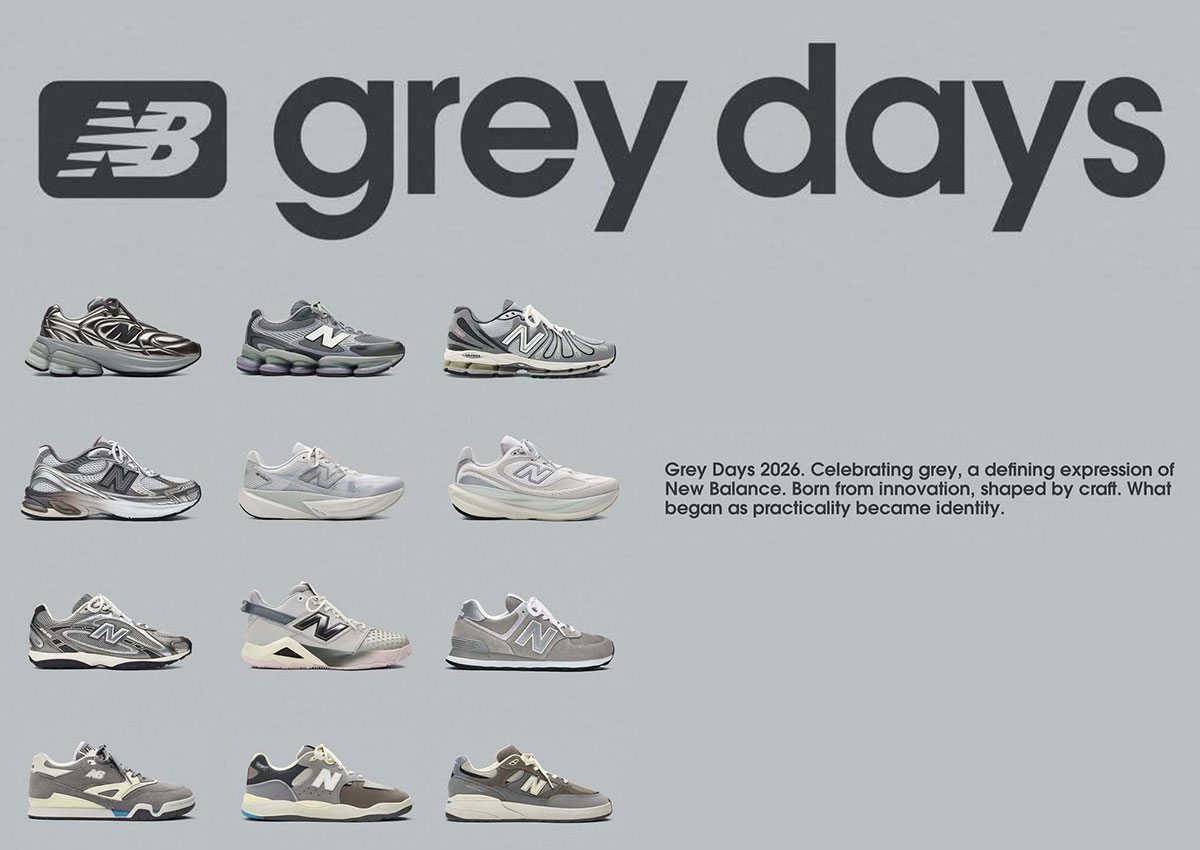 Colección New Balance Grey Days 2026 con múltiples modelos en tonos grises